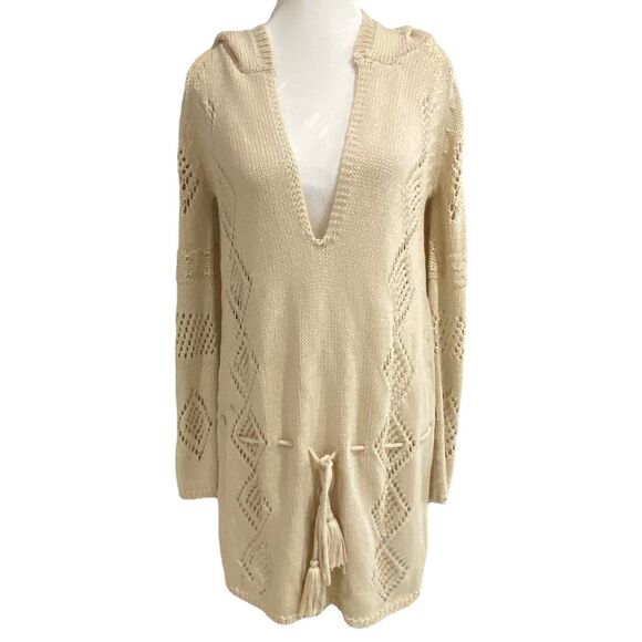Zara Women Sweater Oatmeal Swimsuit V Neck Coverup Crochet Hodded Dress Small - Picture 2 of 11
